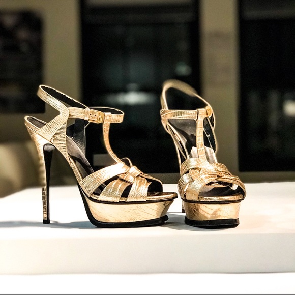 Saint Laurent Shoes - YSL Metallic Tribute 105 Leather Sandals